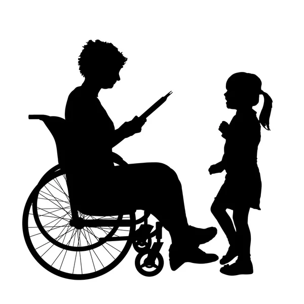 Mulher em uma cadeira de rodas e criança —  Vetores de Stock