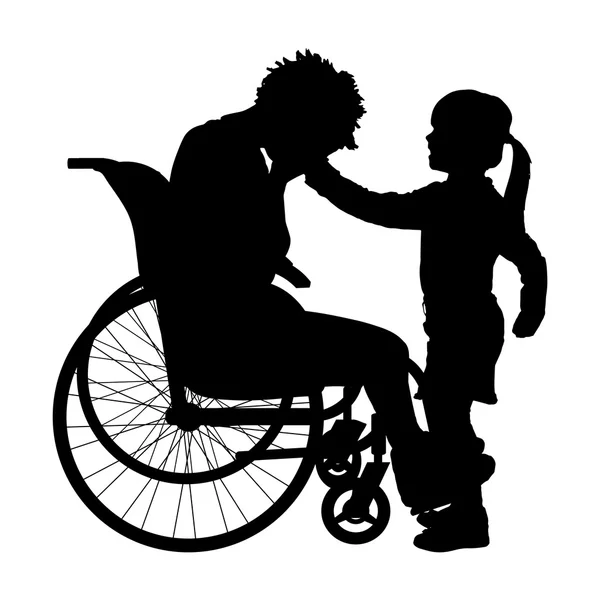 Mulher em uma cadeira de rodas e criança — Vetor de Stock