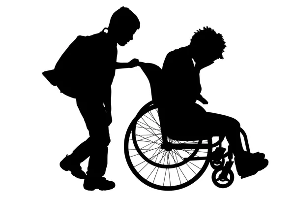 女人在一个轮椅和儿童 — 图库矢量图片