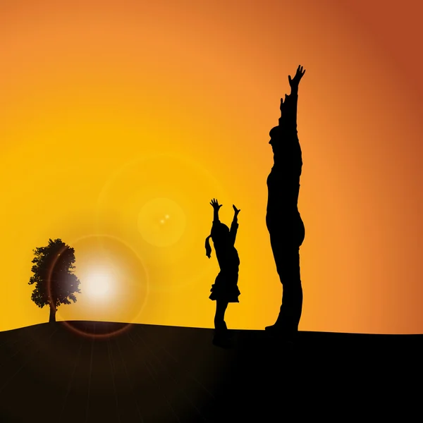 Silhouette of family on sunset background — Stock Vector