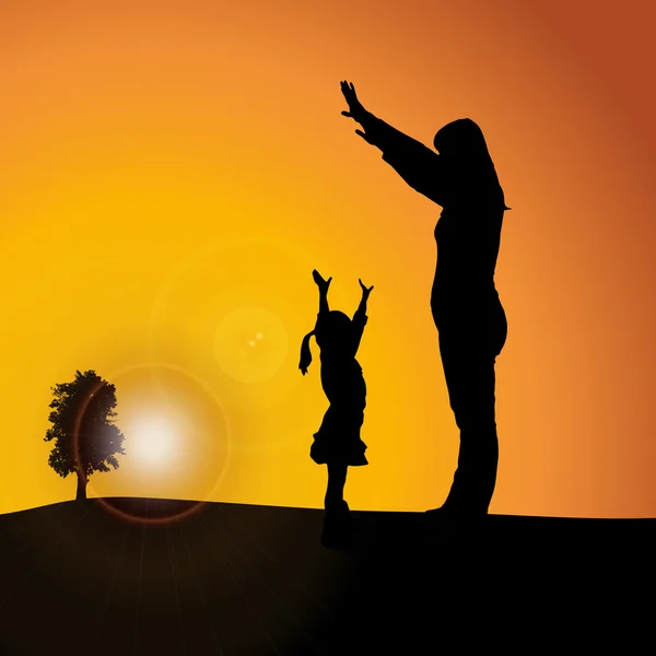 Silhouette de famille sur fond nature coucher de soleil — Image vectorielle