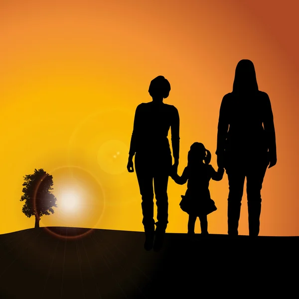 Silueta de la familia sobre fondo del atardecer — Vector de stock