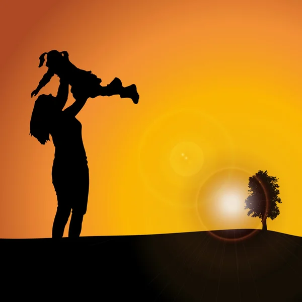 Silhouette of family on sunset background — Stock Vector