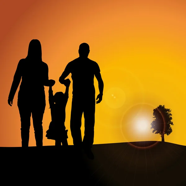 Silhouette della famiglia sullo sfondo del tramonto — Vettoriale Stock