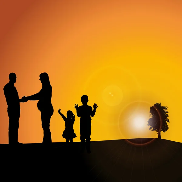 Silhouette of family on sunset background — Stock Vector