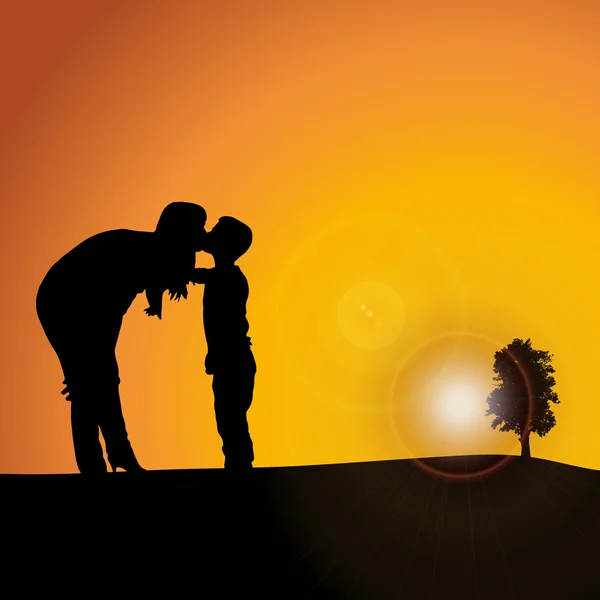 Silhouet van familie op zonsondergang achtergrond — Stockvector