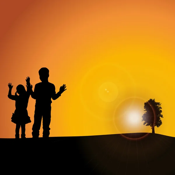 ธรรมชาติตอนพระอาทิตย์ตกกับเด็กๆ — ภาพเวกเตอร์สต็อก