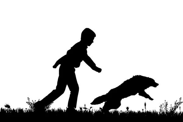 Silhouette of a child with a dog. — Stock Vector