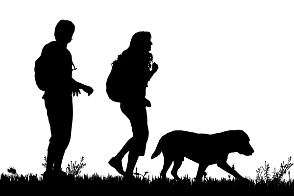 Silueta de una pareja con perro — Vector de stock