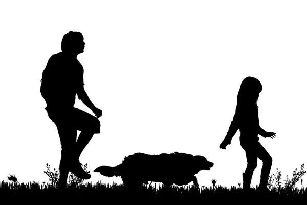 Silhouet van familie met hond — Stockvector