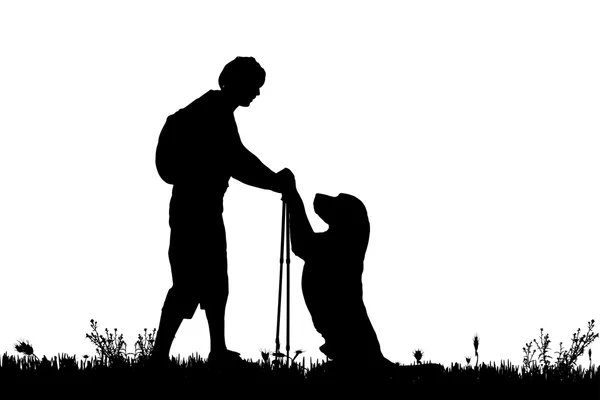 Silhouette dell'uomo con cane . — Vettoriale Stock