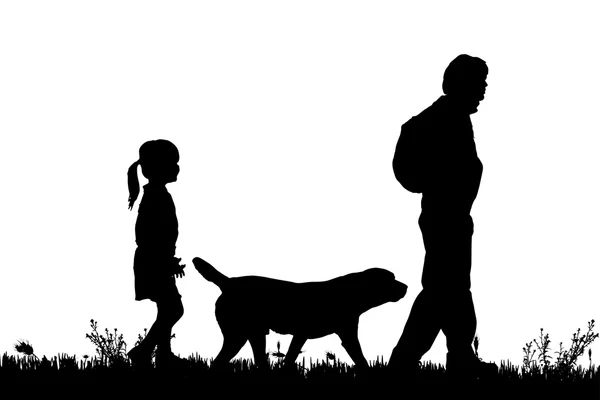 Silueta de familia con perro — Archivo Imágenes Vectoriales