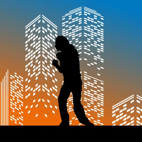 Silhouette de l'homme sur fond de gratte-ciel de la ville — Image vectorielle