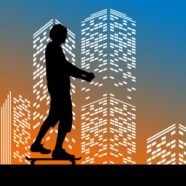 Silhouette von Skateboarder auf Wolkenkratzern Hintergrund — Stockvektor