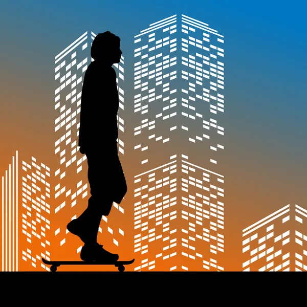 silhouette of skateboarder on skyscrapers background