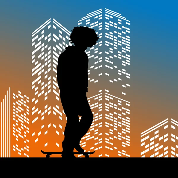 Silhouette von Skateboarder auf Wolkenkratzern Hintergrund — Stockvektor