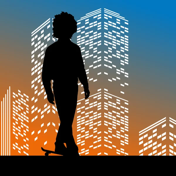 Silhouette de skateboard sur fond de gratte-ciel — Image vectorielle