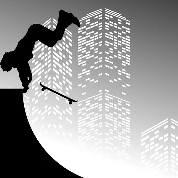 Silhouette of skateboarder on skyscrapers background — Stock Vector