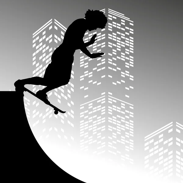 摩天大楼背景上滑板的剪影 — 图库矢量图片