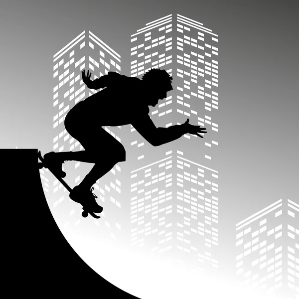 Silhouet van skateboarder op wolkenkrabber achtergrond — Stockvector