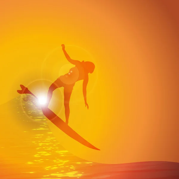 Surfer auf der Welle bei Sonnenuntergang — Stockvektor