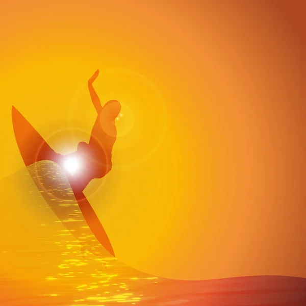 Surfer auf der Welle bei Sonnenuntergang — Stockvektor