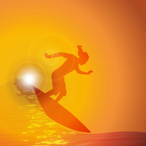 Surfer auf der Welle bei Sonnenuntergang — Stockvektor