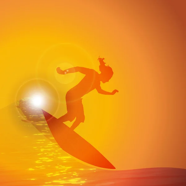 Surfer on wave at sunset — Stock Vector