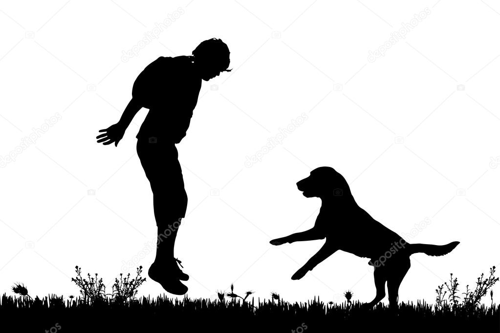 silhouette of man with dog.