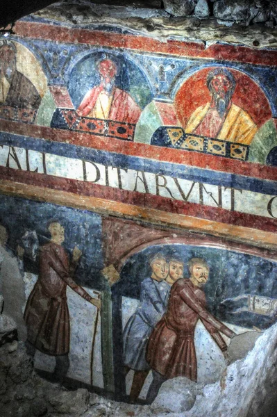 Fragmenty Fresek Století Ottonské Renesance Přežily Pod Střechou Katedrály Aosta — Stock fotografie