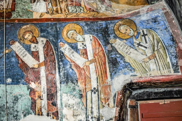 Los Frescos Que Cubren Las Paredes Bóvedas Cueva Excavada Por — Foto de Stock