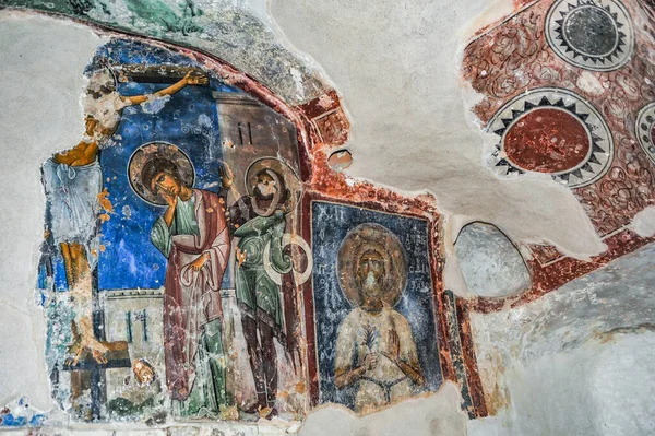 Los Frescos Que Cubren Las Paredes Bóvedas Cueva Excavada Por — Foto de Stock