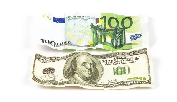 Crumpled hundreds dollar and euro — Stock Photo, Image