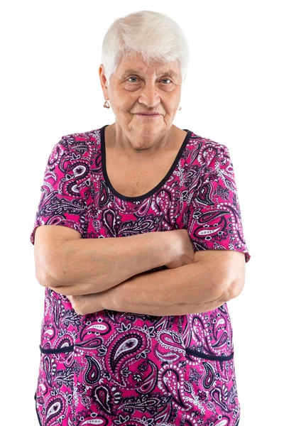 Grumpy elderly lady with arms crossed — Stock Photo, Image