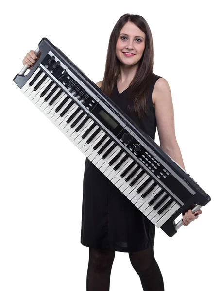 Lächelnde Frau mit Synthesizer — Stockfoto