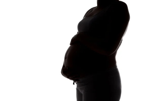 Futura mãe no perfil, abraçando barriga — Fotografia de Stock