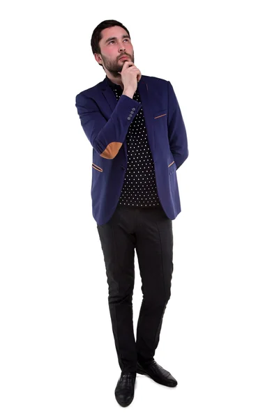Bărbat visător cu barbă în jachetă albastră — Fotografie, imagine de stoc