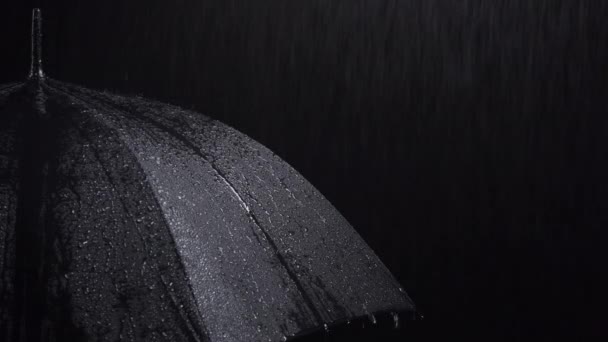 Черный зонтик и капли дождя на черном фоне — стоковое видео