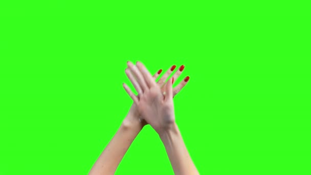 Video of female hands smearing cream on green background — Stock Video