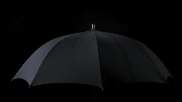 Повільне відео руху чорної парасольки та дощових крапель — стокове відео