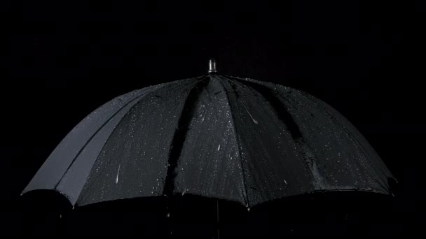 Zeitlupe aus schwarzem Regenschirm und Regentropfen — Stockvideo