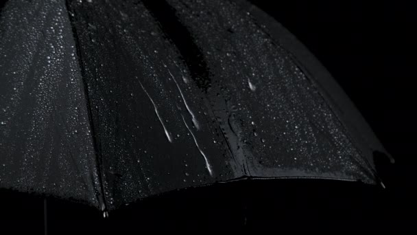 Vidéo de gros plan au ralenti du parapluie noir et des gouttes pluvieuses — Video