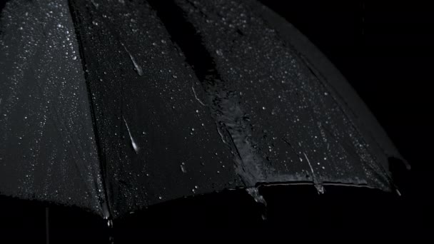 Slow motion close-up shooting of black umbrella and rainy drops — Stock Video