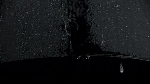 Langsame Nahaufnahmen von schwarzem Regenschirm und Regentropfen — Stockvideo