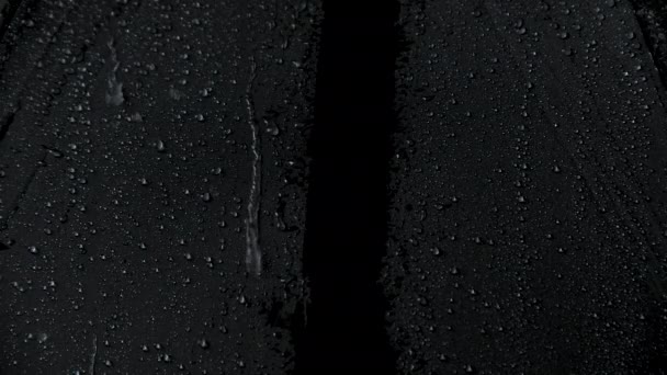 Trage close-up video van zwarte paraplu en regendruppels — Stockvideo