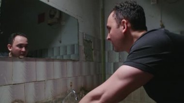Slow motion shooting of man washing face