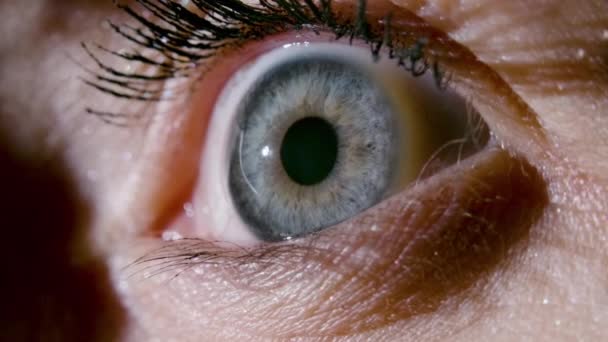 Close-up video van vrouwelijk blauw oog met verwijdende pupil — Stockvideo