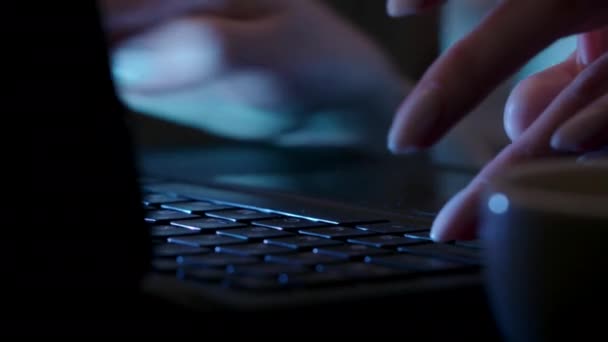 Tiro de manos femeninas escribiendo en el teclado de los ordenadores portátiles — Vídeo de stock