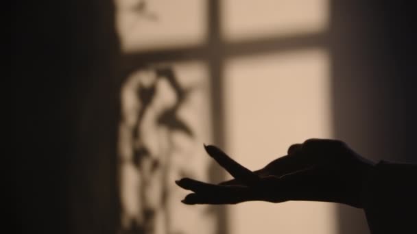 Beeld vrouwelijke hand silhouet met schaduw van venster — Stockvideo