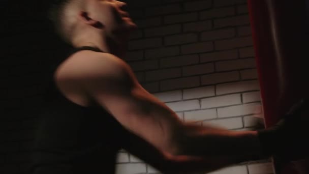 Видео тренировки брюнеток с боксерской грушей в тени — стоковое видео